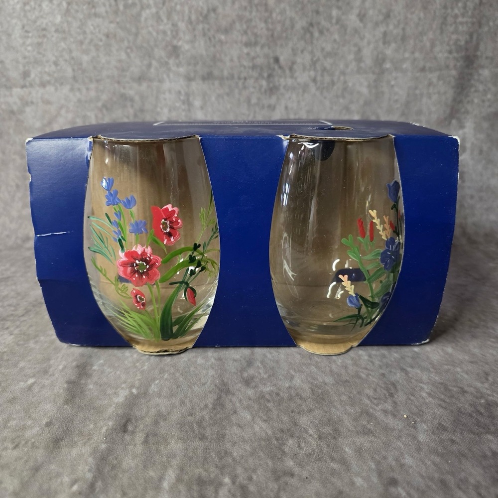 New In Box Pier 1 Imports Set of 4 Stemless Wine Glasses Hand Painted Floral